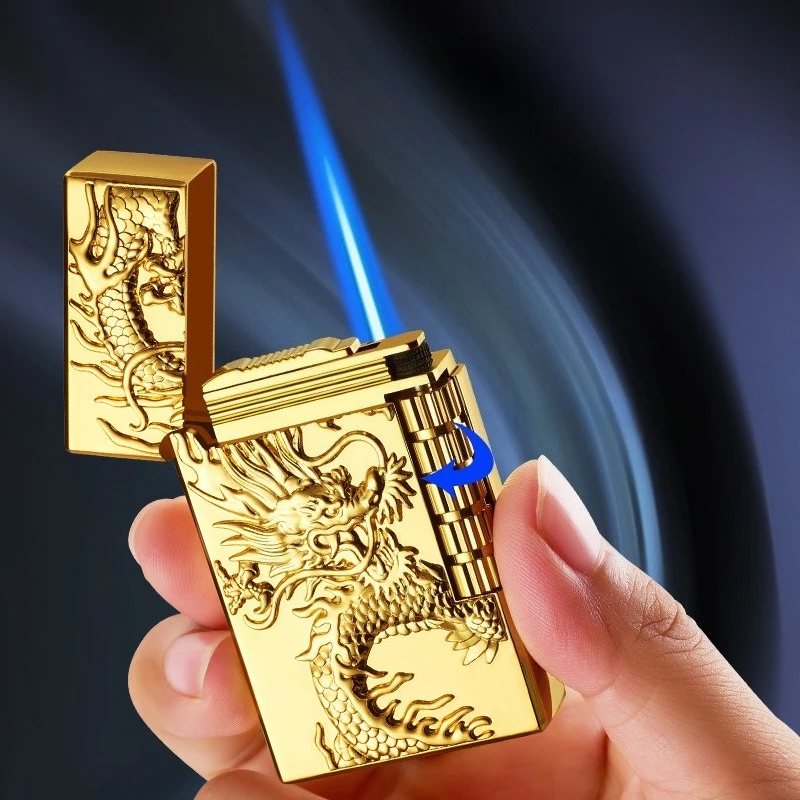 

Metal Ping Sound Torch Lighter Windproof Jet Blue Flame Refillable Butane Gas Lighters Smoking Side Slip Lighter Men's Gift