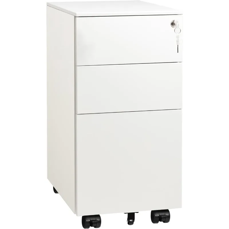 White File Cabinet, Small Filing Cabinet with 3 Drawers with Slim Width for Home Office, Rolling Under Desk Cabinet (11.8 inch)