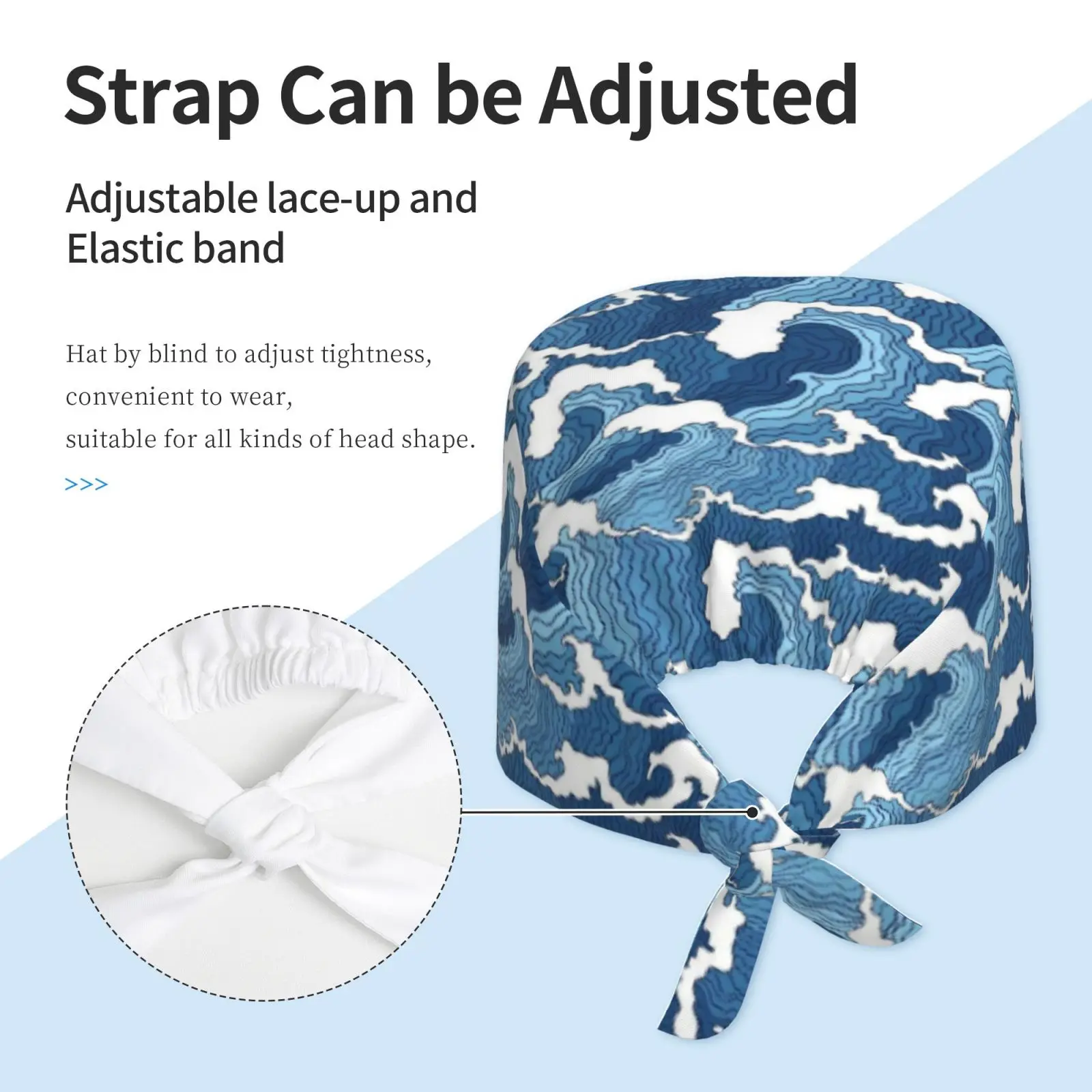 Japanese Wave Working Cap Scrub Cap with Sweatband Adjustable Unisex Women Tie Back Hat Nurse Caps