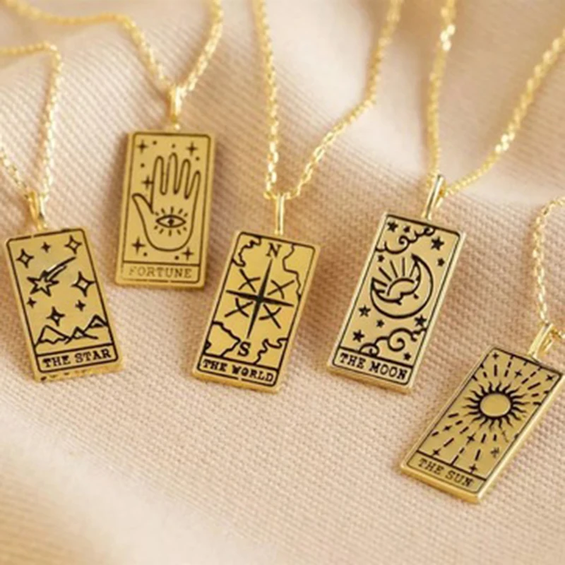 Tarot Card Necklaces For Women Friend Gold Stainless Steel World Sun Moon Eye Luna Pendant Necklace Gothic Vintage Jewelry BFF