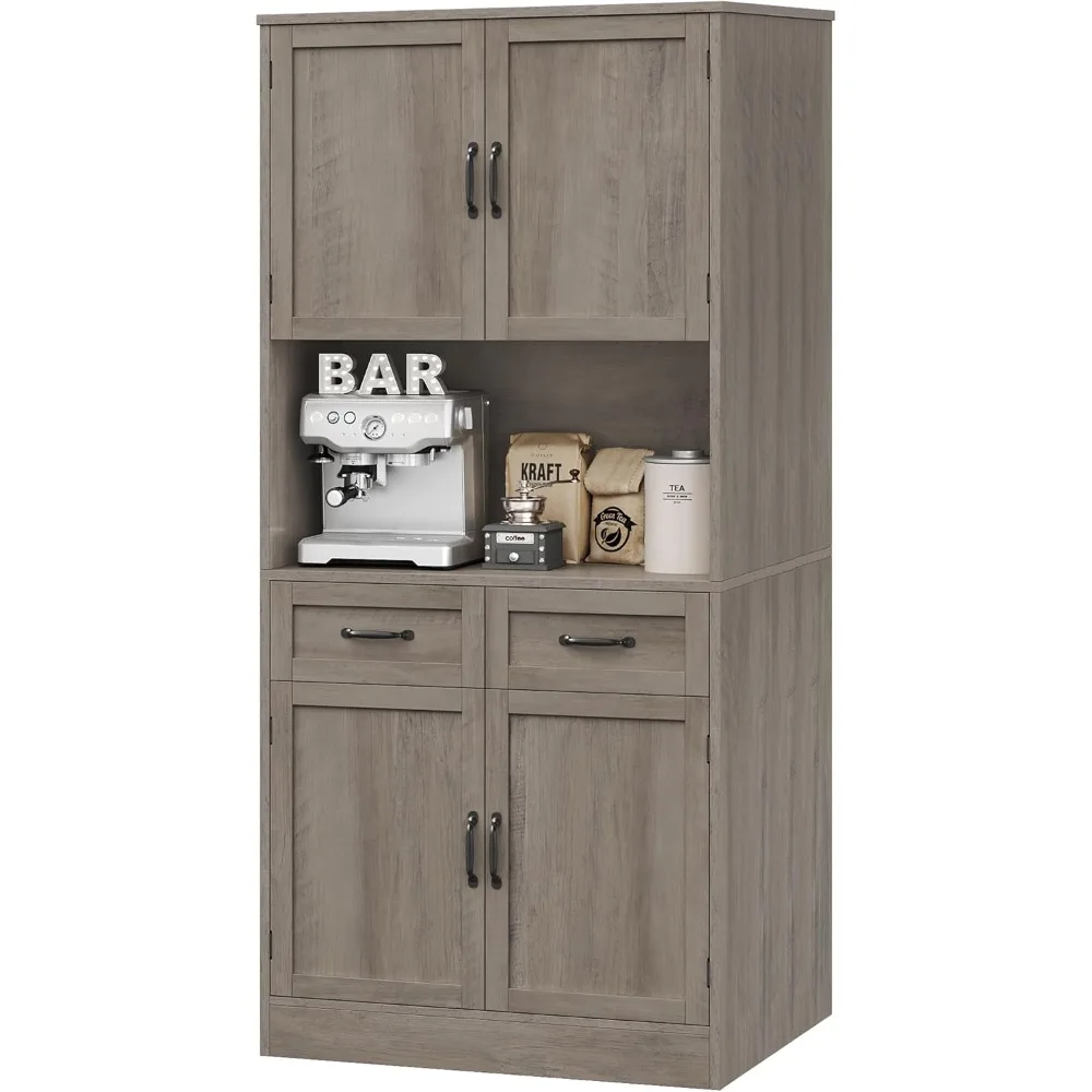 

71“ Tall Kitchen Pantry Storage Cabinet, Modern Kitchen Hutch Bar Cabinet with Microwave Stand, Wood Buffet Sideboard with Hutch