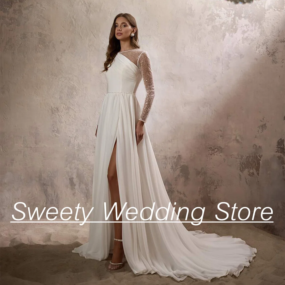 

Boho Wedding Dress Customized Round Neck Long Sleeves Beading High Slit Chiffon A Line Bridal Gown Robe De Mariage Sweep Train