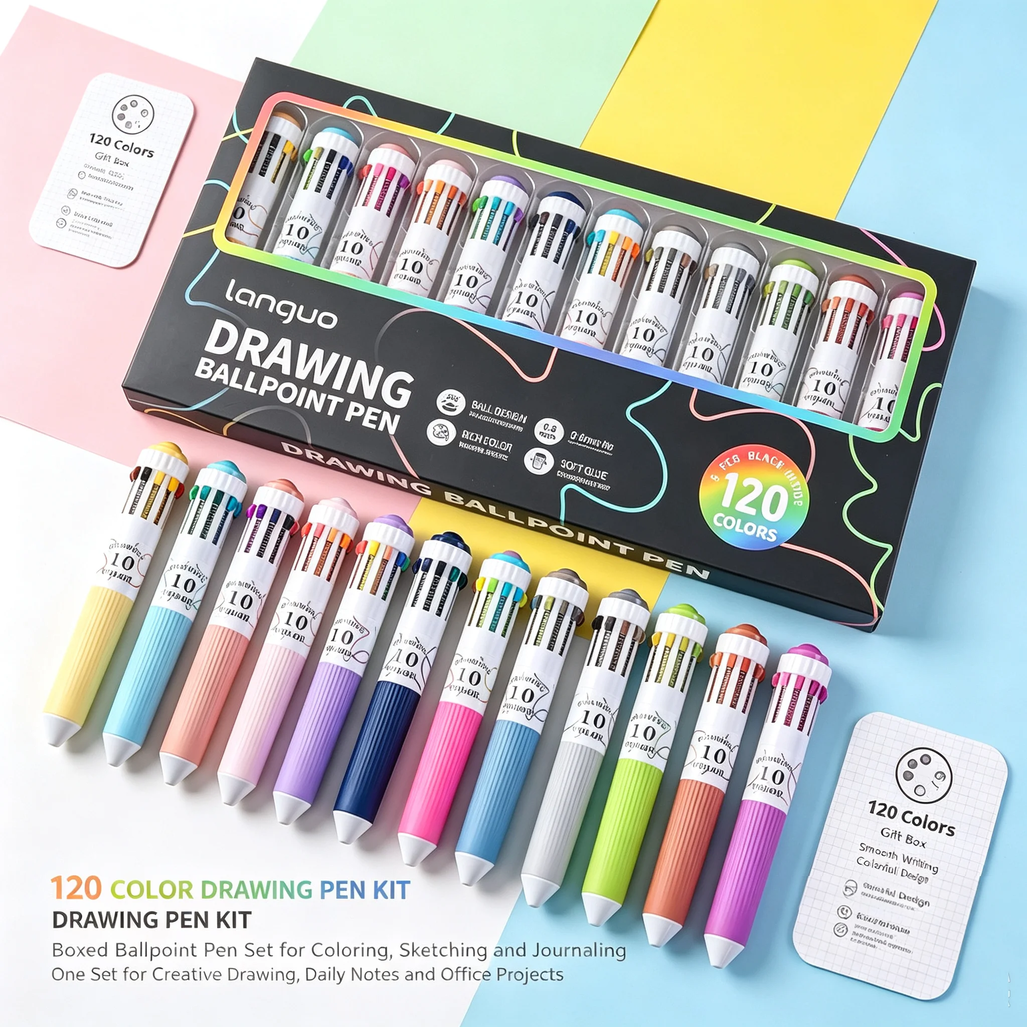 120 Colors 10 In 1 Retractable Ballpoint Pen Set, 0.8mm Fine Point Smooth Writing for Drawing, Graffiti, School Art Supplies