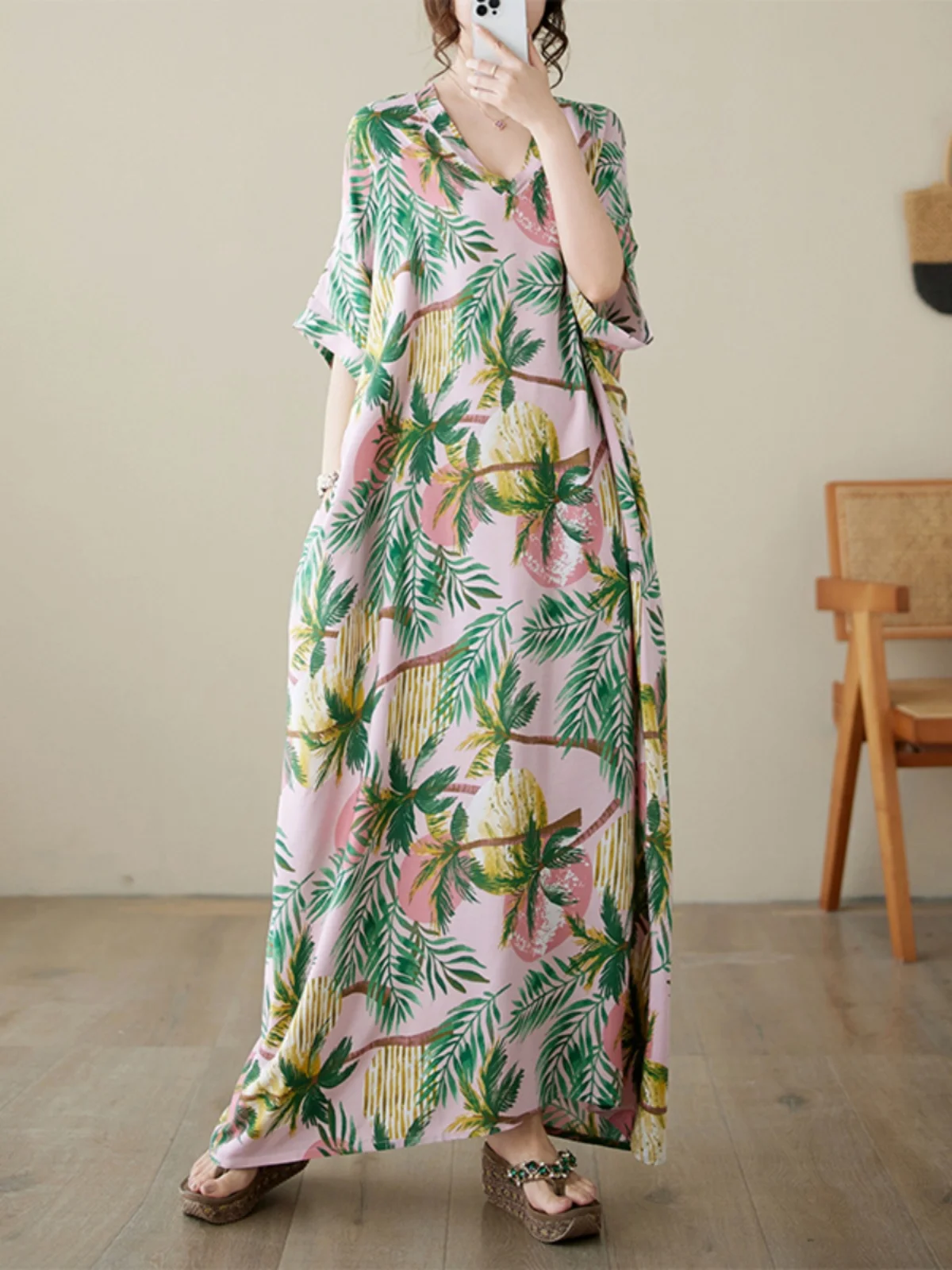 

Vaion Sle, тонкая шелковая хлопковая свободная пляжная юбка большого размера с цветочным принтом, женский дышащий удобный длинный халат, летний доктор