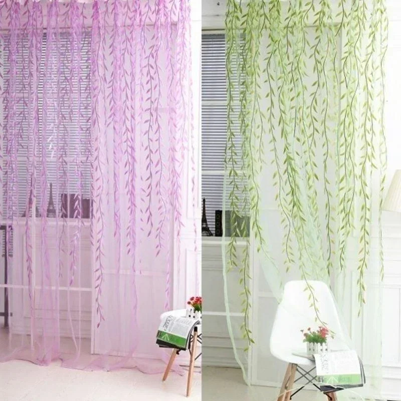 

1Pair Cute Willow Leaf Curtains Pastoral Style Willow Floral Window Decorative Curtains for Bedroom Living Room Window Curtain