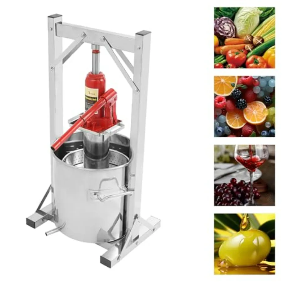 Fruit Wine Press 12L 3.2Gal Stainless Steel Manual Juice Maker Hydraulic Jack Juicer Hand Squeezer with THandle for Wine Cheese