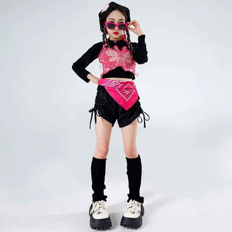 Kpop Girls Jazz Dance Clothes Butterfly Vest Navel Tops Pants Kids Hip Hop Performance Costume Festival Stage Outfit