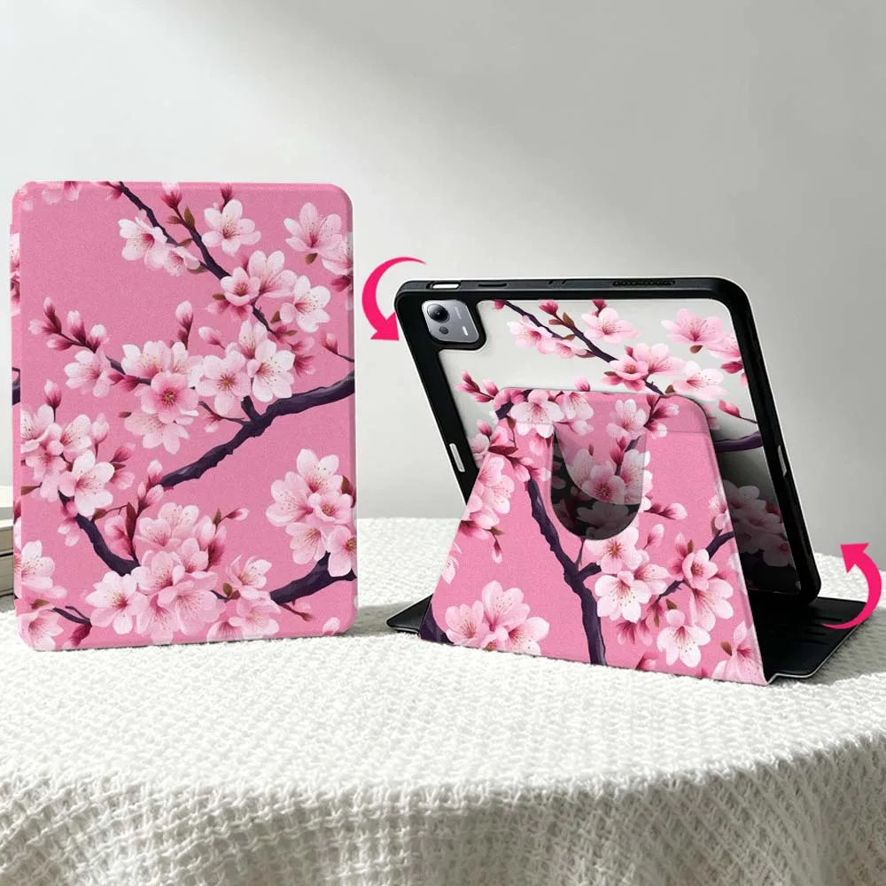Pink Cherry Blossom Pattern For Xiaomi Mi Redmi Poco Pad 8 7 7S 6 6S 5 SE Pro Ultra 360° Rotation Stylus Storage Tablet Case