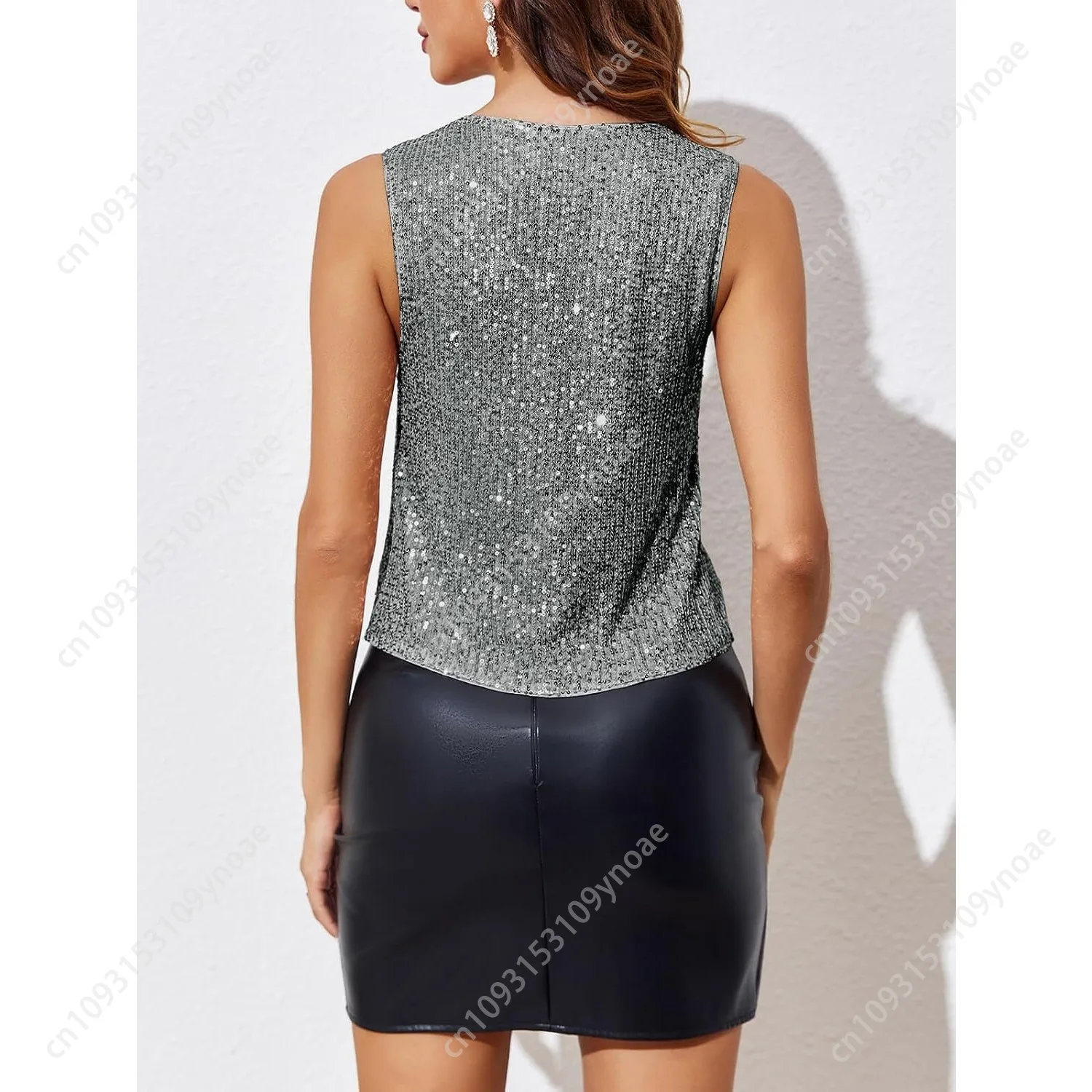 Sequin Sleeveless Vest Sexy Sparkly Party V Neck Vests Women Vintage Elegant Laceup Low Cut Top Hollow Out Polyester Waistcoat