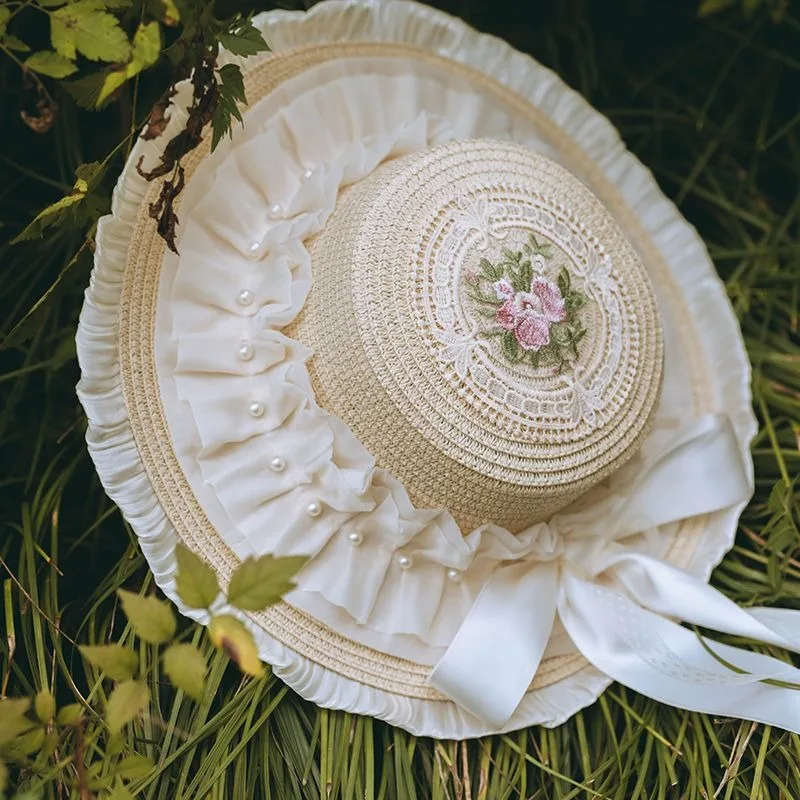 Original feito à mão doce lolita laço chapéu de palha elegante feminino vintage vitoriano flor fita bandagem chá festa mori menina boné plano