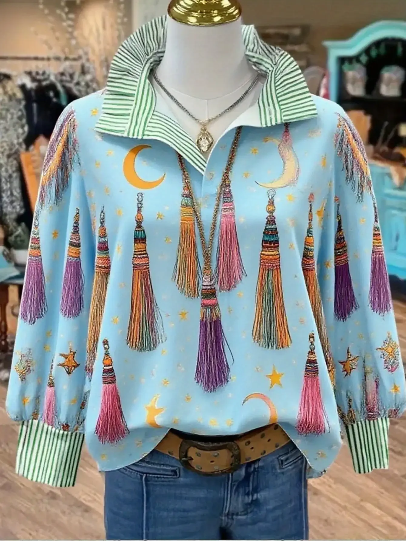 Ladies' elegant long sleeved shirt with stand up collar, Leisure elegance, combined with a sense of vitality