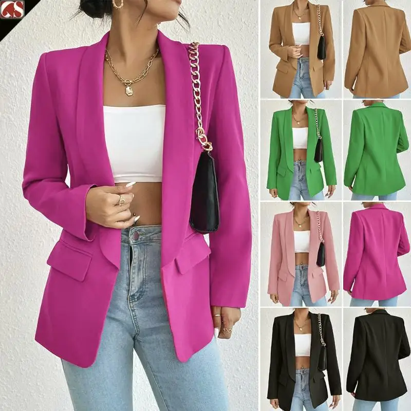 

Color Lapel Small Suit Temperament Jacket Women's Business Casual Polyester Long Sleeve Mid-Length Pure Color Coat