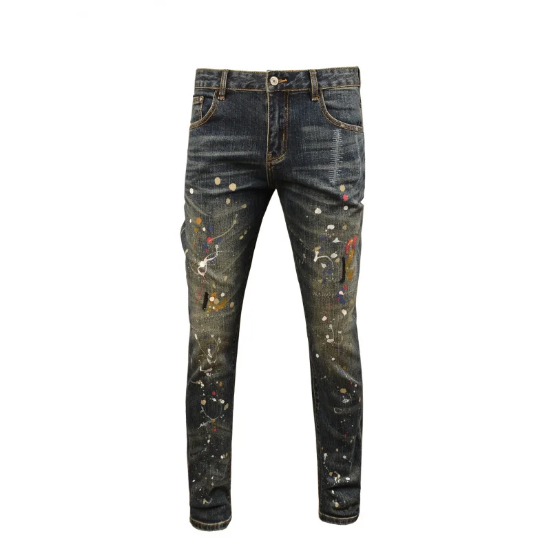 

Autumn vintage ripped jeans men, straight leg trendy, high-end stretch paint splatter print, cool pants