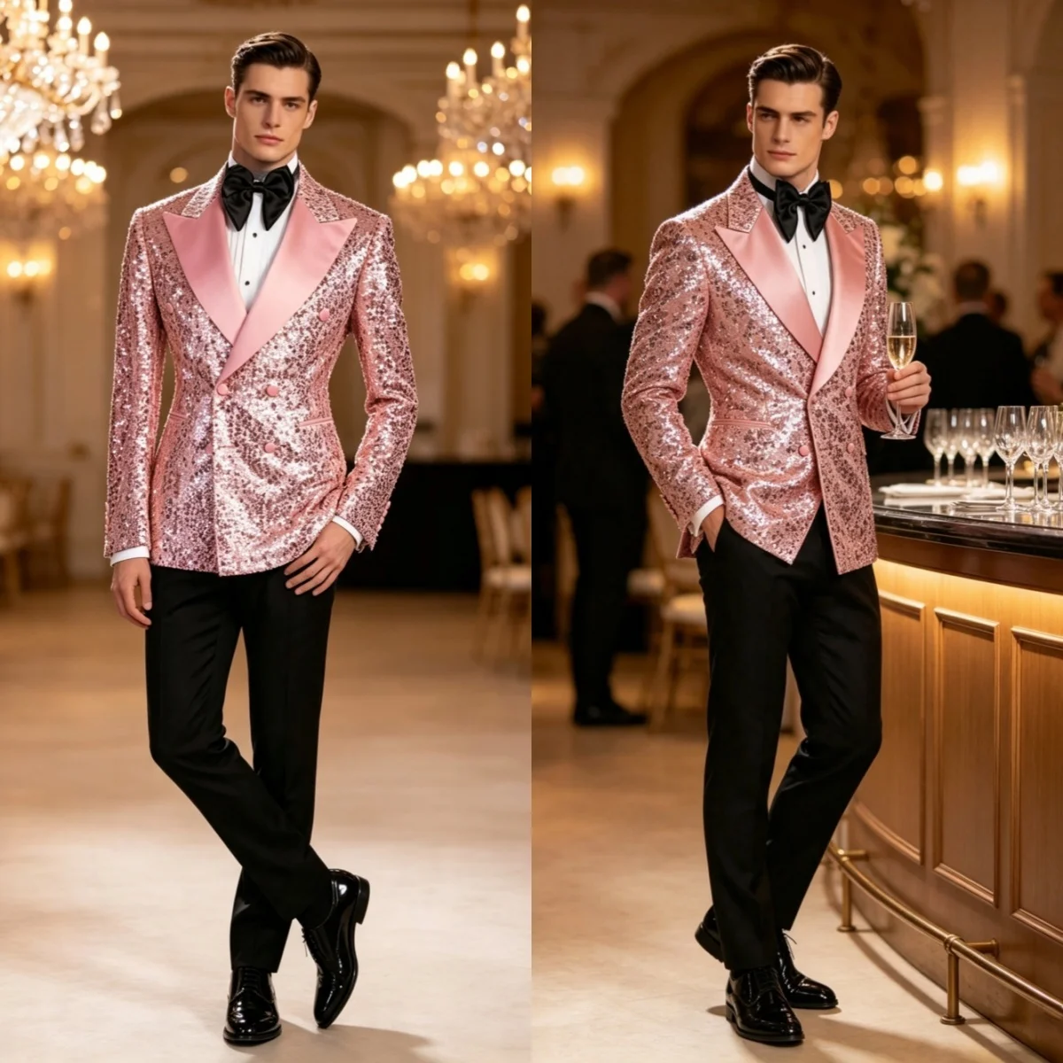 Sparkly Wedding Tuxedos Sequined Peaked Lapel Double Breasted Men Suit 2 Piece Set Jacket Pant For Graduation Banquet Customized
