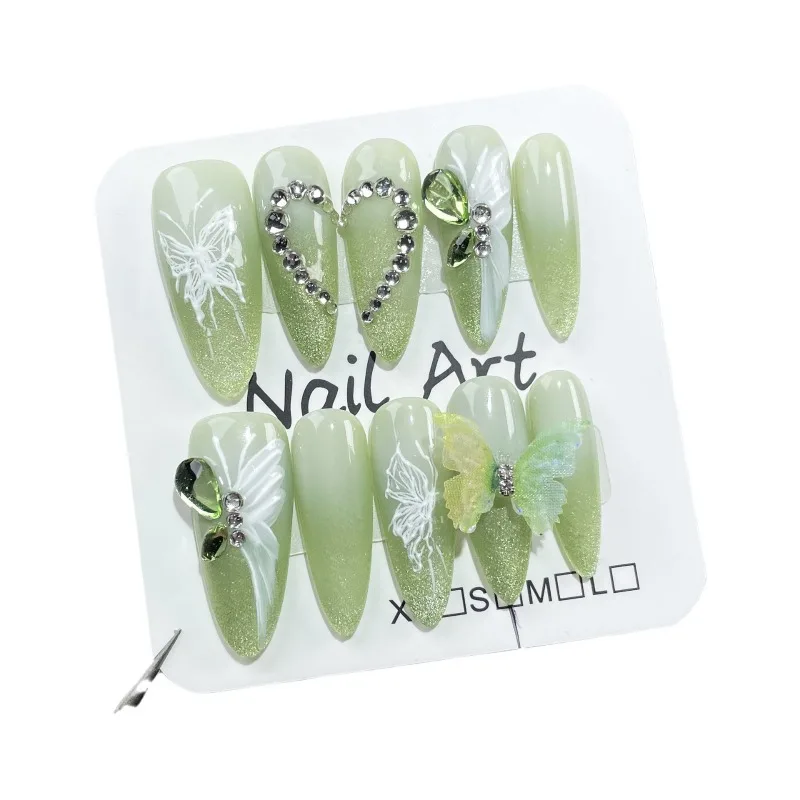 10 pz/set Handmade Gradient Green Long Almond Press on Nails Art 3D Butterfly unghie finte con Love Heart Diamond False Nail Tips