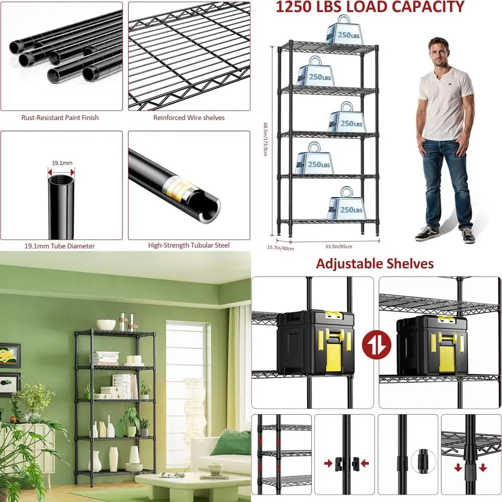 

5 Tier Heavy-Duty Adjustable Metal Shelving Rack, 1250 lbs Capacity, 15.7 D x 33.5 W x 68.5 H, Ideal for Garage, Kitchen, Bathro