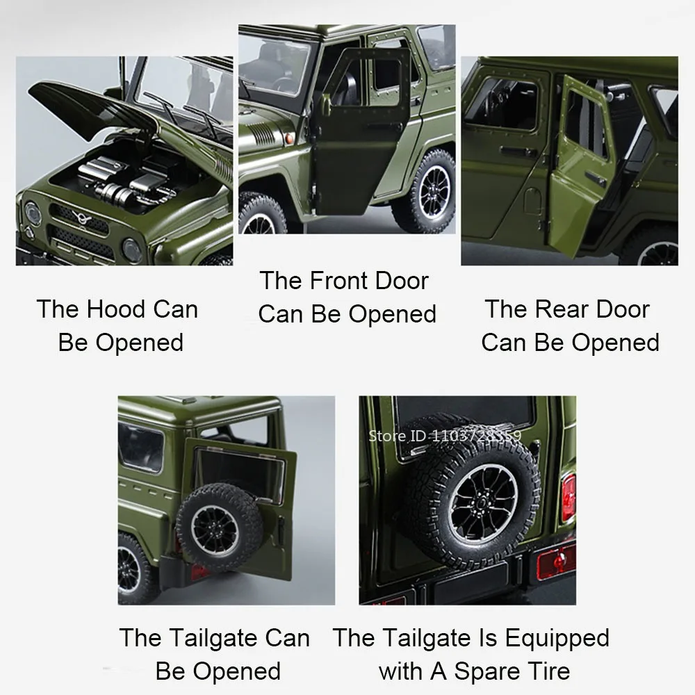 1:18 Russia UAZ Hunter Toy Model Off-road Vehicles Alloy Diecast RV Car Models Doors Opened Sound Light Pull Back for Kids Gifts