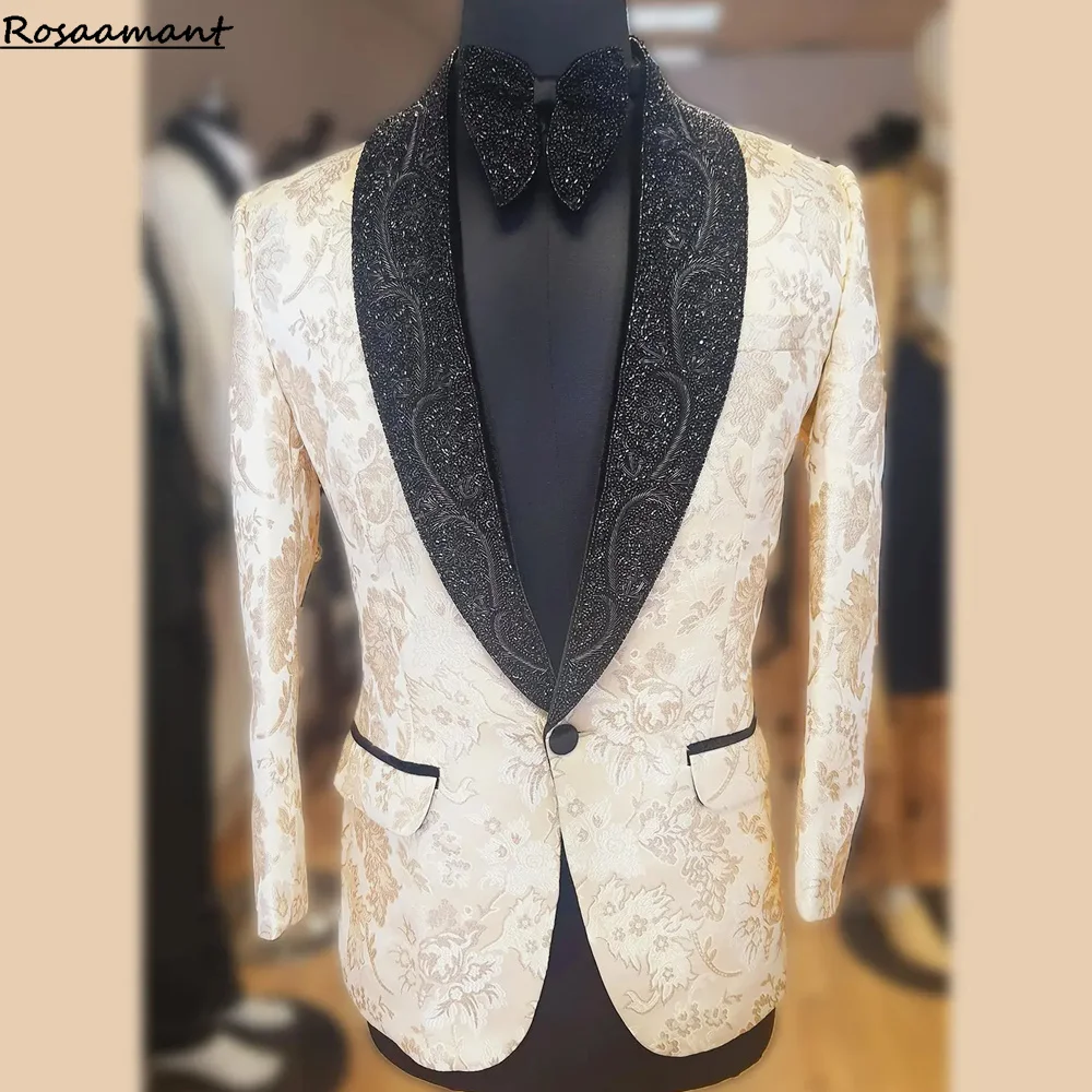 

Luxury Rhinestones Men Suits Slim Fit Customized Groom Best Man Wedding Party Tuxedos 3 Pieces Sets Male Blazers Traies Dehombre