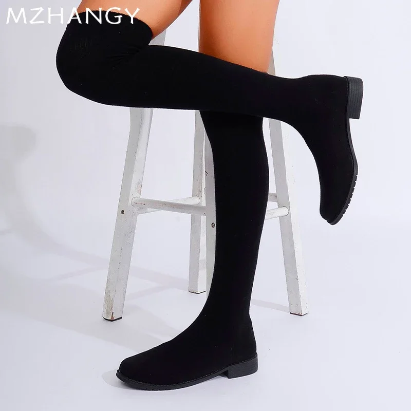 Women Knitting High Boots Flats Over The Knee Shoes Woman Trend Fashion Cozy Dress Walking Sock Boots Mujer New Chelsea Botas