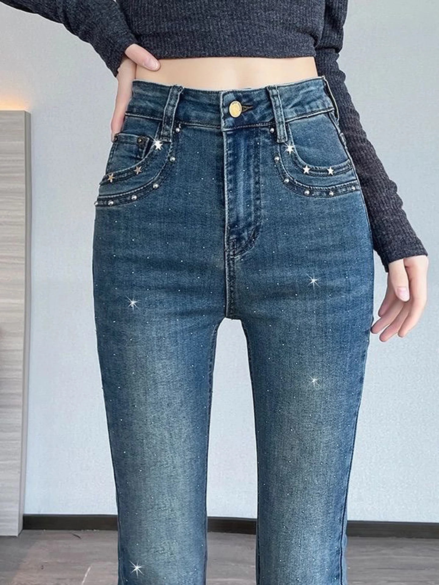

Retro Blue Rhinestone Bell Bottom Jeans Women's Summer New High Waist Slimming Elastic Long Pants Fashionable Denim Skinnies