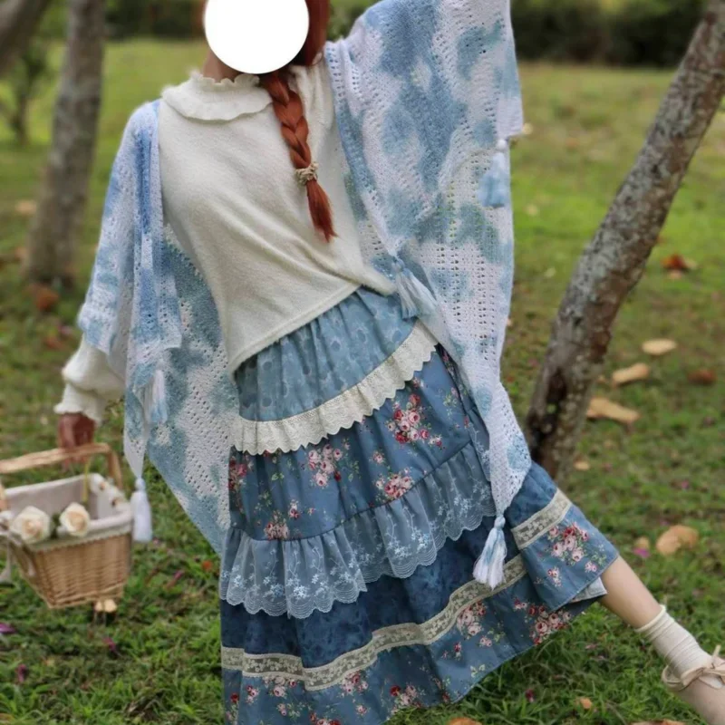 New Fashion Floral Print Cake Skirts Women Sweet Splice Lace Elastic Waist Big Swing Casaul A-line Blue Midi Skirts