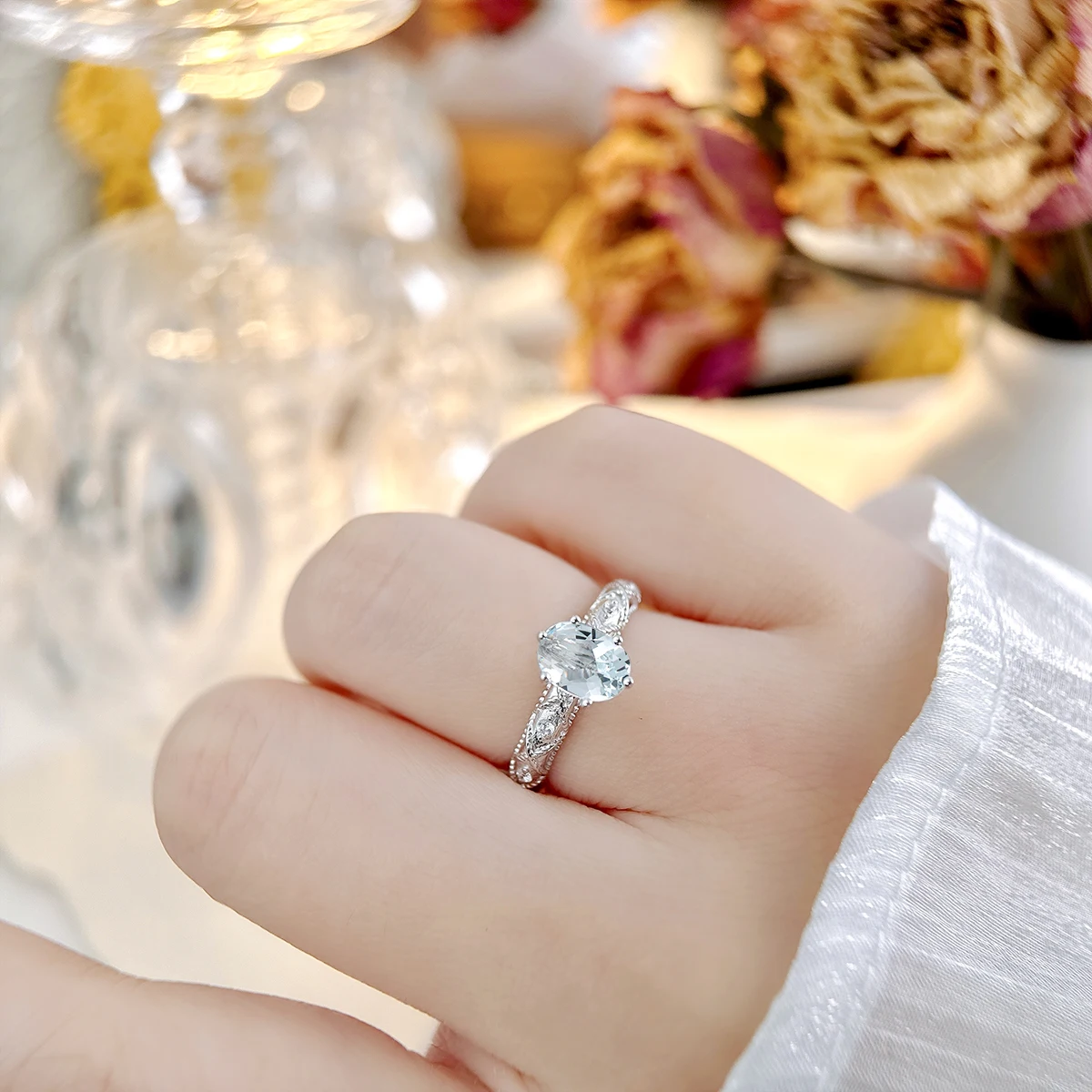 Natural Aquamarine Sterling Silver Rings 1.2 Carats Genuine Gemstone Light Blue Color Women Classic Exquisite Style Jewelrys