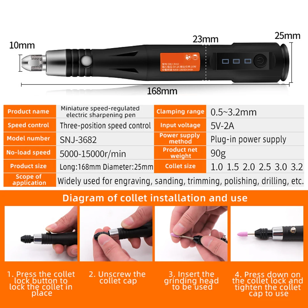 Imagem -04 - Caneta de Gravura Usb Mini Moedor Elétrico 15000rpm Kit de Ferramentas Rotativas Velocidades Ajustáveis Retificadora para Ferramenta Dremel