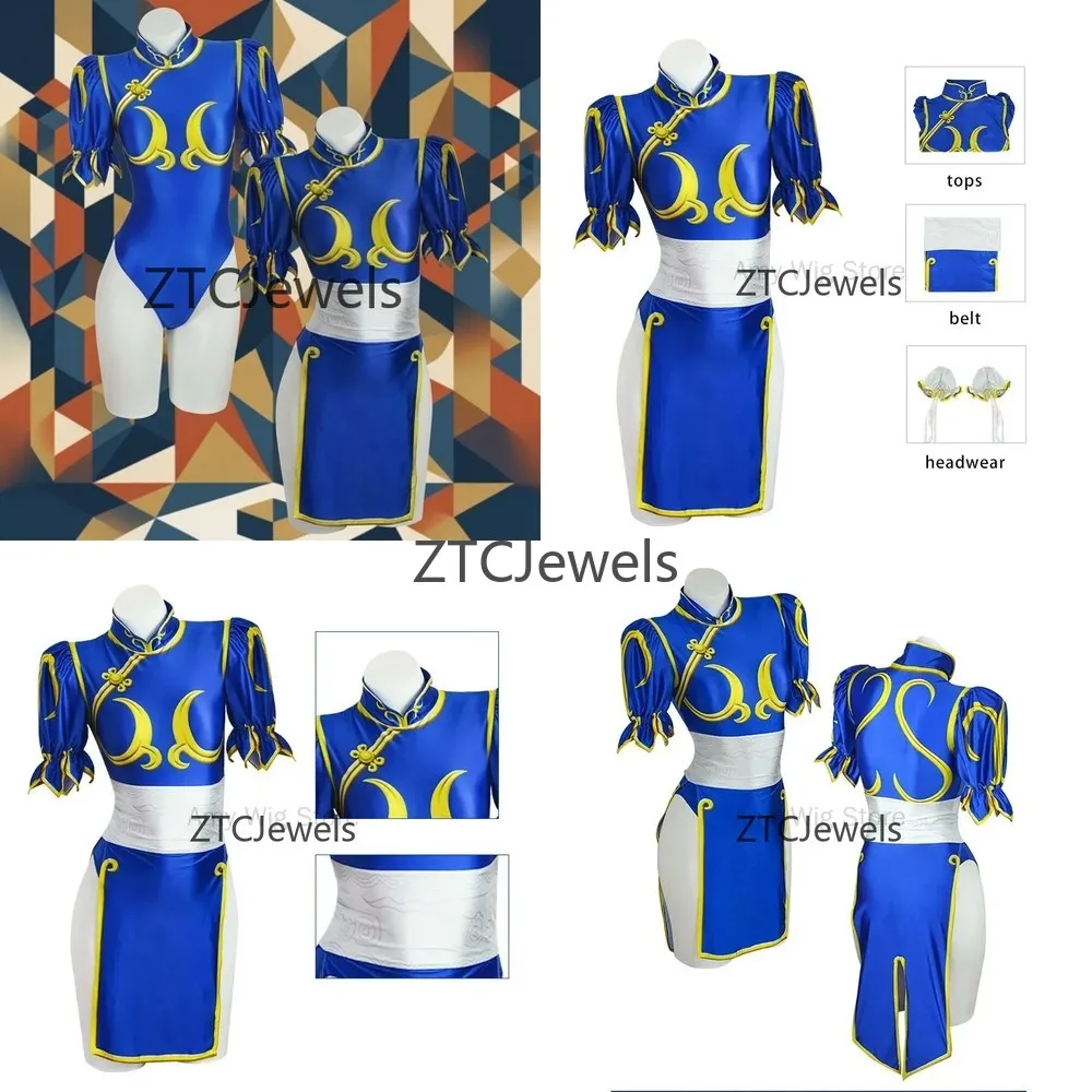 

Chun Li Cosplay Costume Blue Qipao Cheongsam with Hair Accessories Kung Fu Fighter Halloween Party Costume for Women