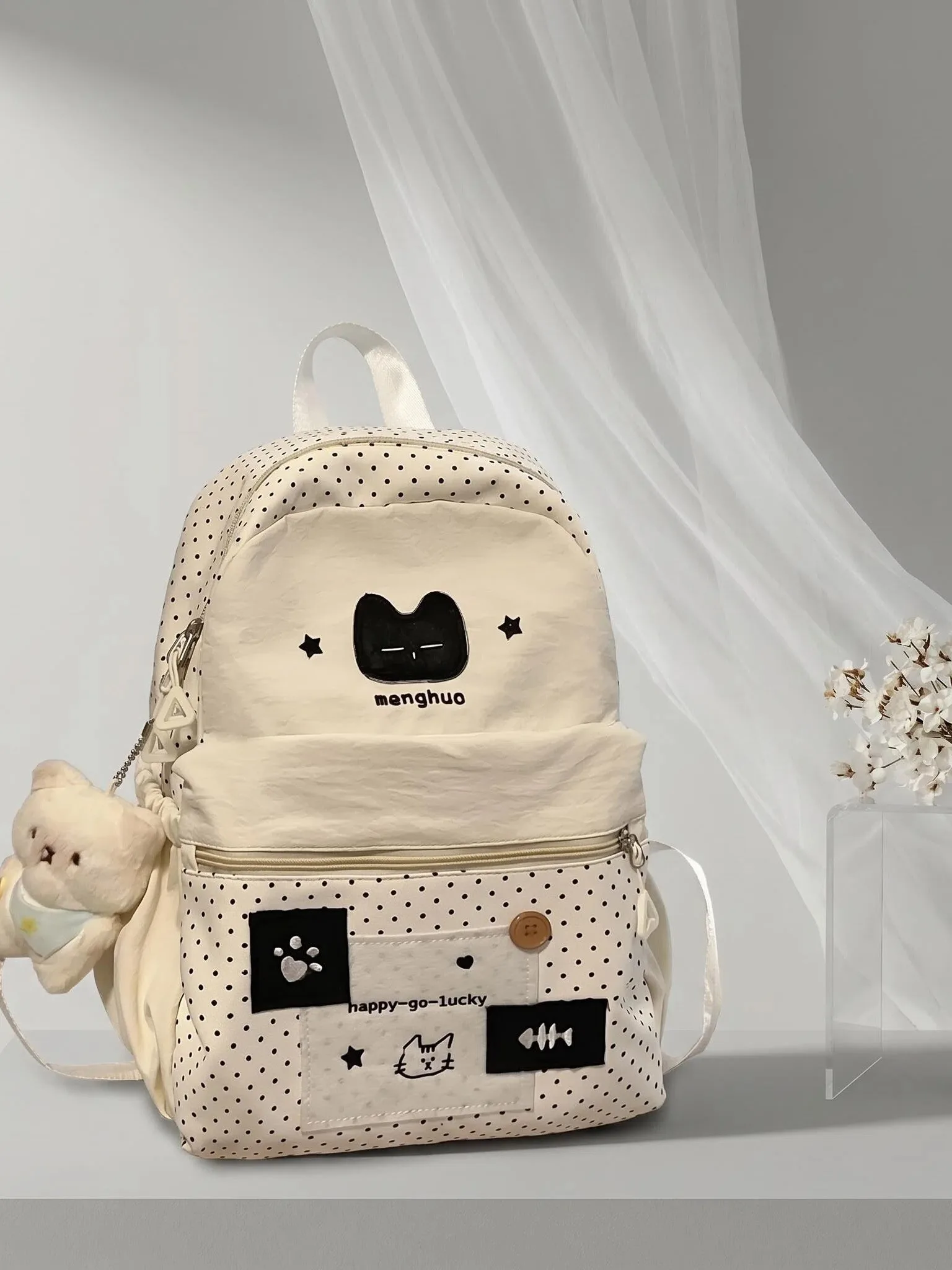 かわいい猫柄のポルカドット柄大容量軽量スクールバッグ女性用キャンパスバックパック高美的価値日常使用ブックバッグ
