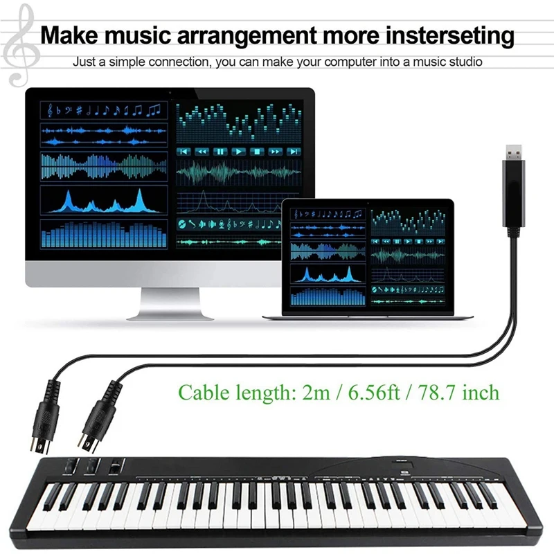 USB MIDI Cable Converter USB Interface To In-Out MIDI Cord Works For PC Laptop To Piano Keyboard In Music Studio 6.5Ft