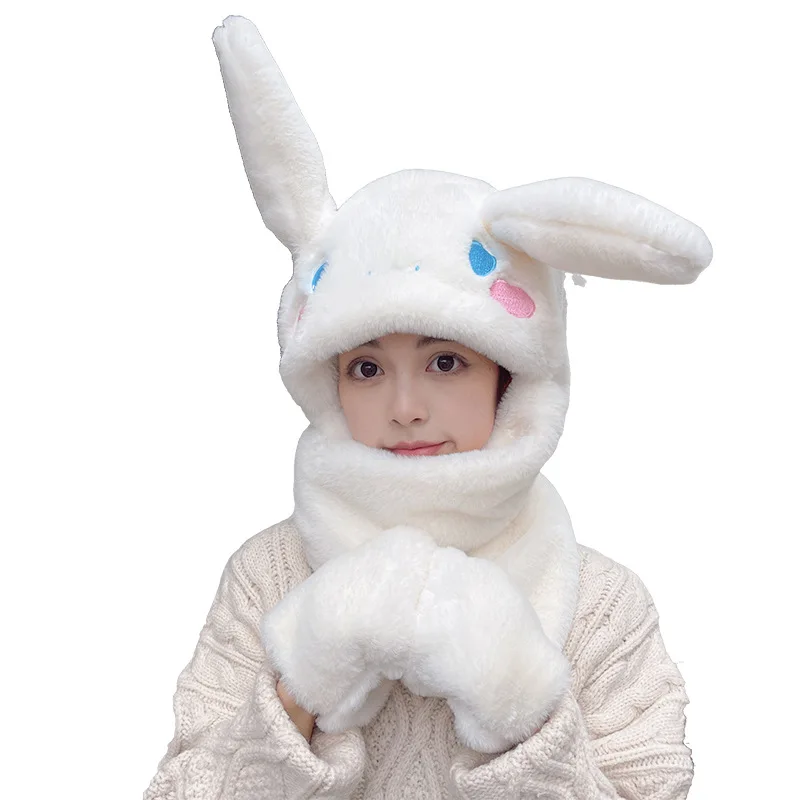 Cute Rabbit Ears Hat Scarf Gloves Warm Plush Mufflers Cap for Women Can Move Outdoor Riding Scarf Gloves Three Piece Set Gift