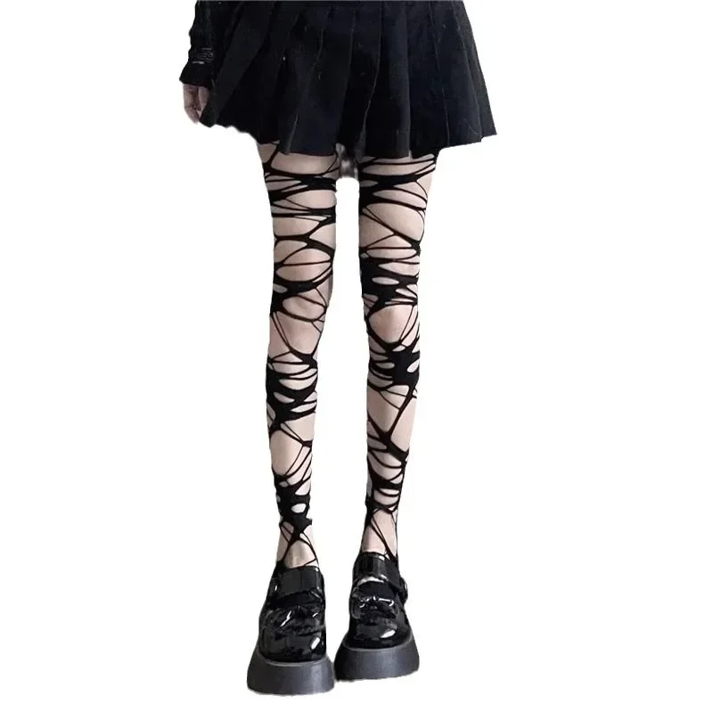 คู่โฮมเมดGothic Punkสไตล์ถุงน่องสาวร้อนSubculture Y2Kสีดําหลุมถุงน่องBottoming Pantyhose