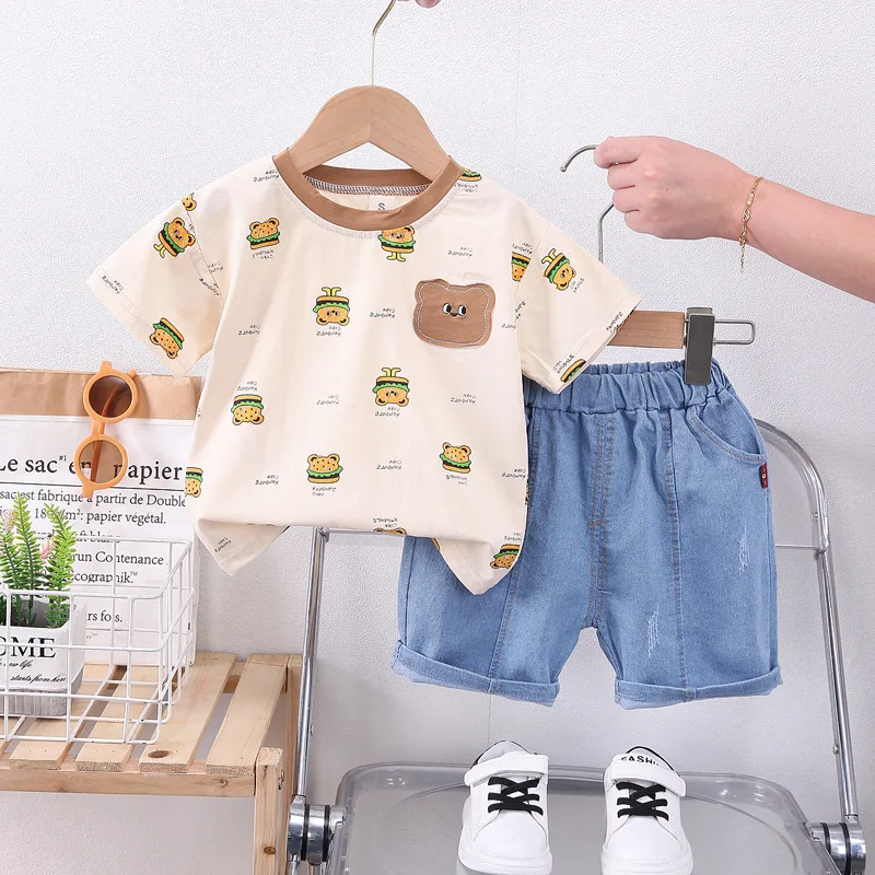 Baby Boy Two Piece Set Toddler Summer Clothes for Boys Cartoon O-neck Short Sleeve T-shirts Tops and Denim Shorts Kids Outfits