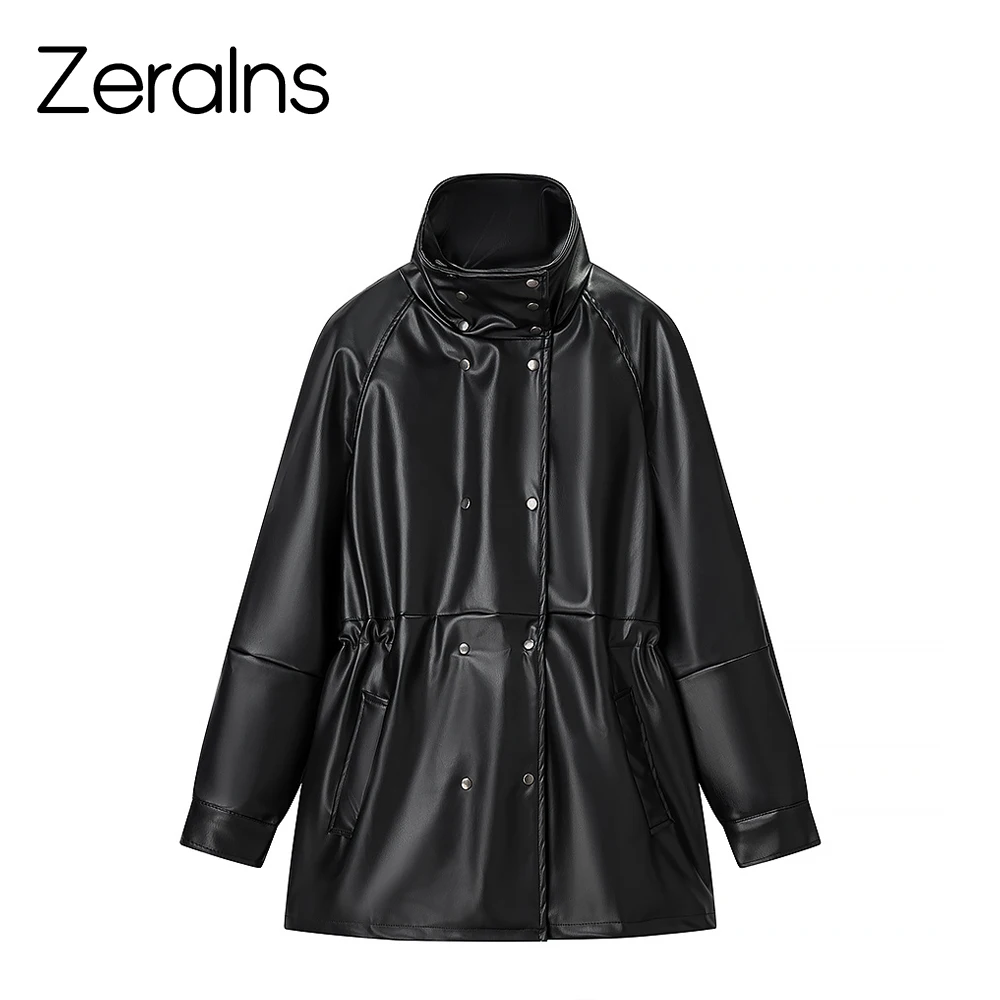 

ZERAINS Новая женская модная стильная куртка из искусственной кожи средней длины с тонким воротником-стойкой и длинными рукавами на талии