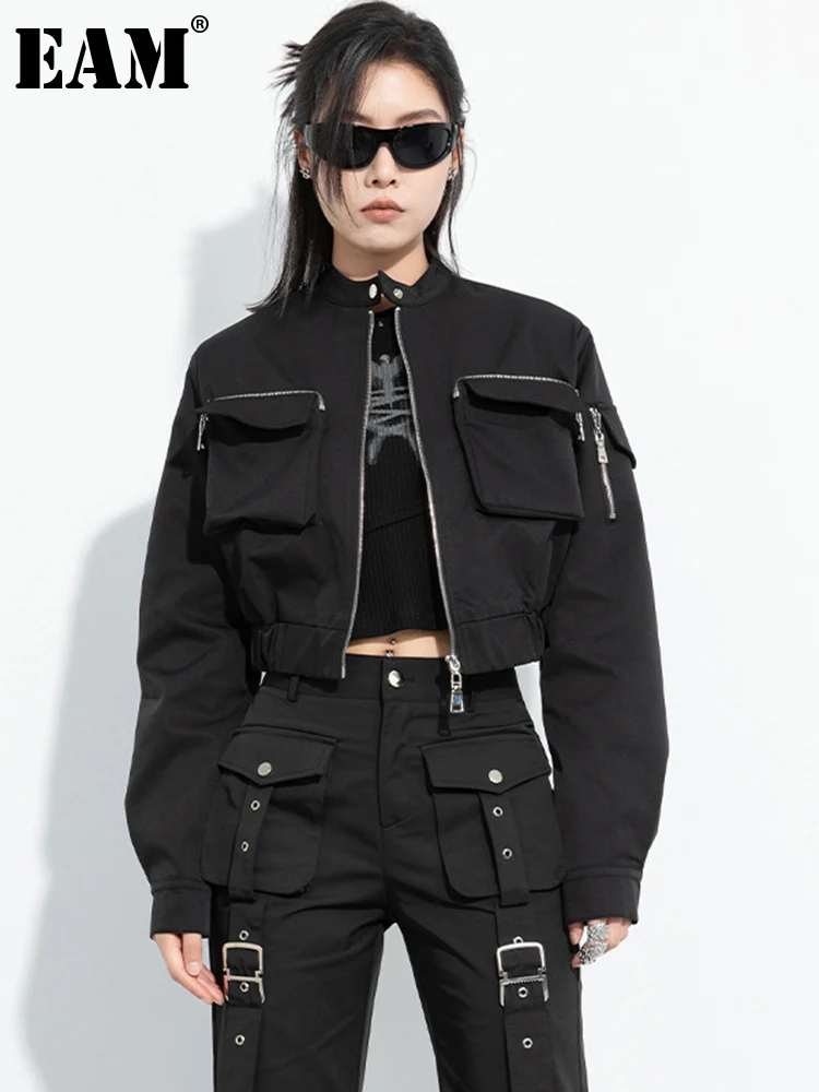 

Женская короткая куртка с карманами EAM, черное пальто большого размера с воротником-стойкой и длинным рукавом, весна-осень 2024