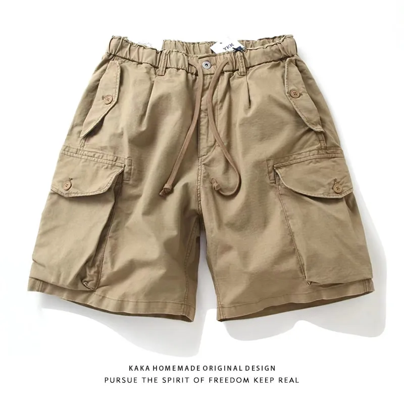 

Vintage Heavyweight Workwear Short Pants with Multiple Pockets Casual Youth Five-Quarter Length Trendy Straight Leg Trousers