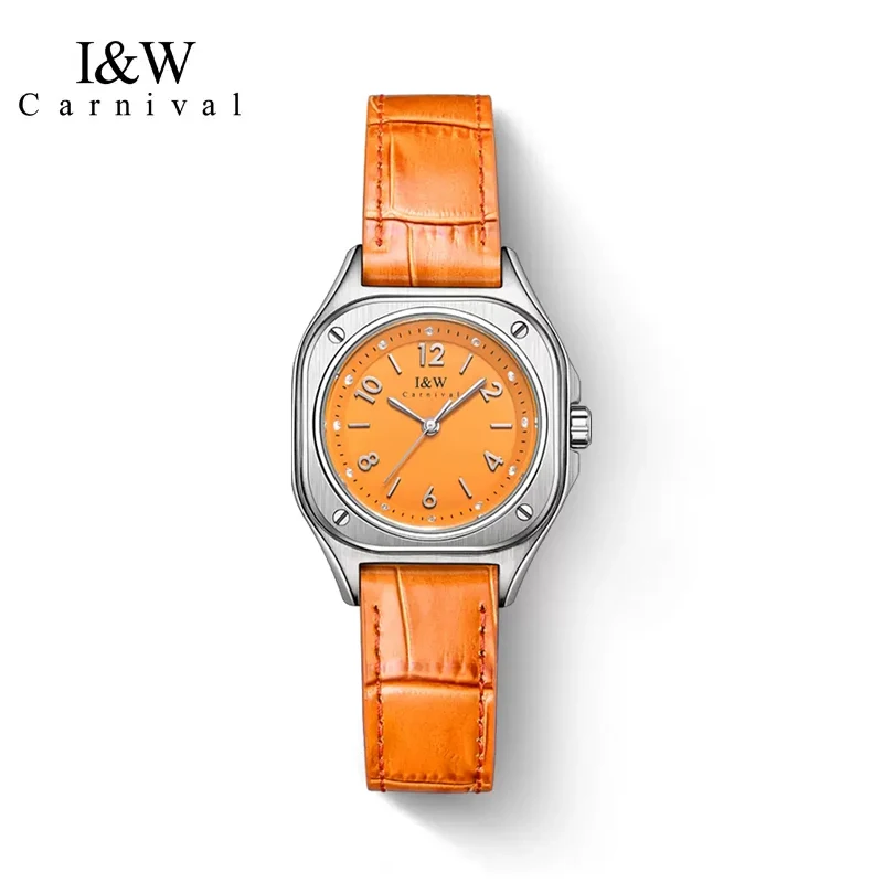 Carnival High-End Series IW Brand Fashion Orange Quartz Watch for Women Luxury Leather Waterproof Womens Watches Montre Femme