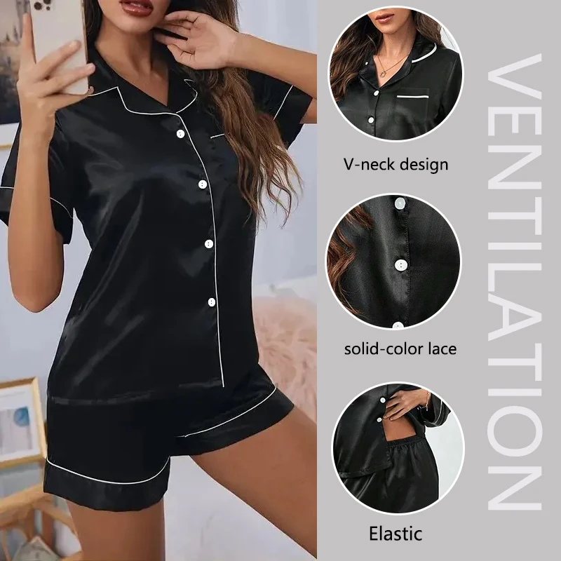 Plus Size Summer Silk Satin Women\'s Pajamas Set Button down Top & Shorts 2 Pieces Sleepwear V-Neck Nightwear Loungewear Ladies