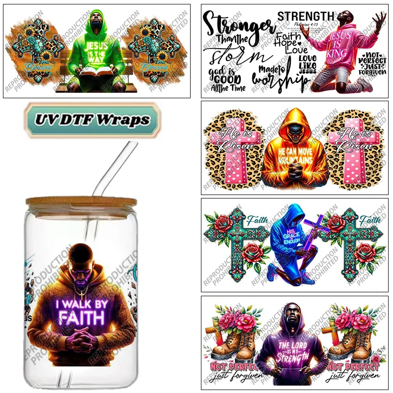 Faith Pattern Jesus Themed Waterproof DIY Decals 3D Transfers Uvdtf Crystal Stickers 16oz Uv Dtf Cup Wraps for Libbey Glasses