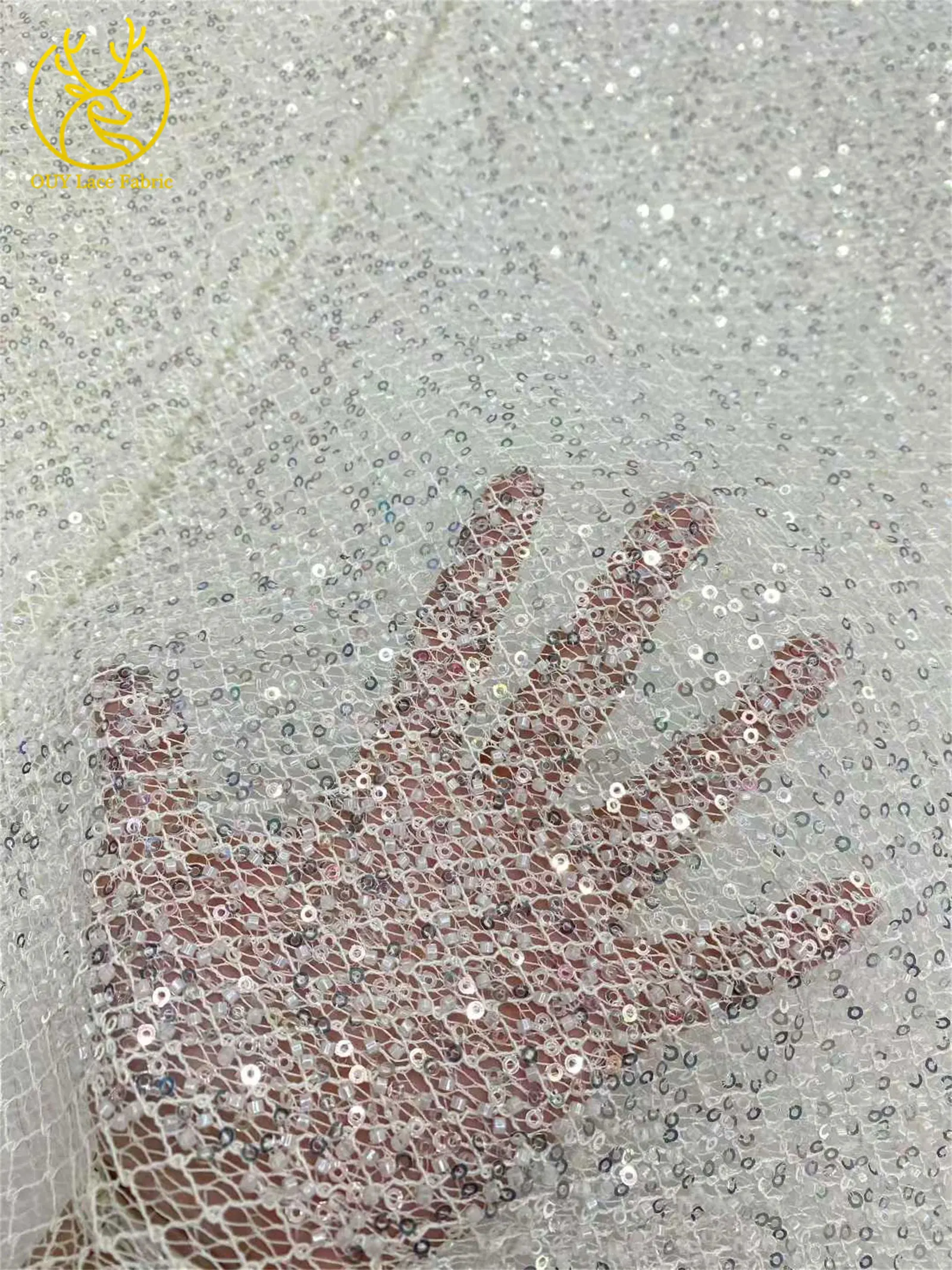 Weißer französischer Perlen-Pailletten-Spitzenstoff 2026 Hochwertiger nigerianischer afrikanischer Spitzenstoff, geeignet für Hochzeiten und Partys, 5 Yards – Detail 6