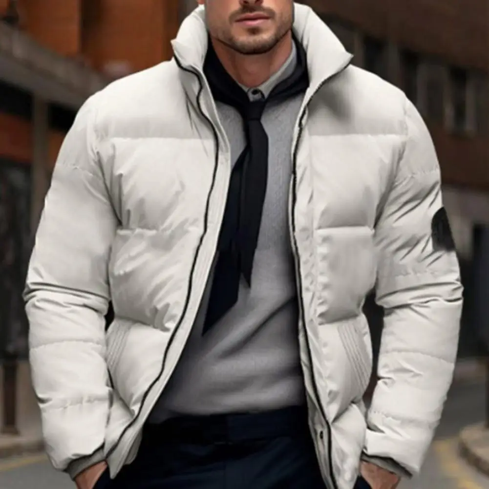 

Men Quilted Jacket Solid Color Stand Collar Long Sleeve Zipper Closure Cotton Coat Thickened Jacket Down Cotton Puffer Outwear