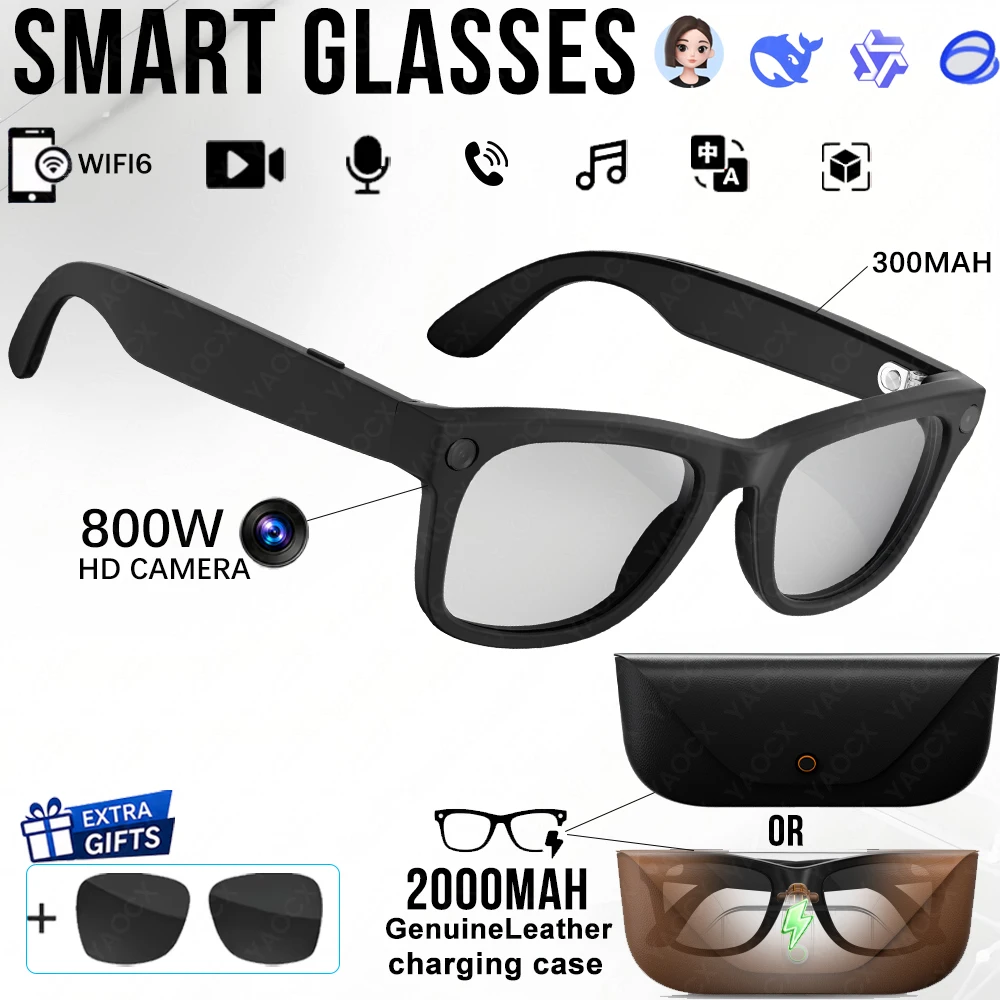 2026 Smart AI Glasses 8MP HD Camera Video Recording Voice Call With 2000 Mah Charging Case  AI Translation HD5 Ultra Glasses