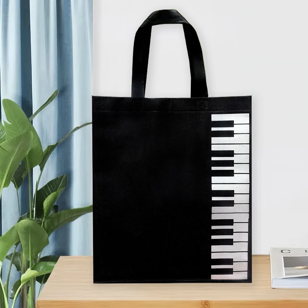 Reusable Music Handbag Black + White Non-woven Fabric Piano Keys Tote Large Capacity Shopping Shoulder Bag Daily Commute