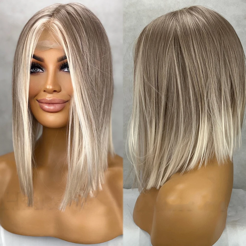 Glueless Wigs Ash Blonde Highlights Lace Front Wig Silky Straight Bob Wig Ombre Dark Roots HD Lace Japanese Synthetic Fiber