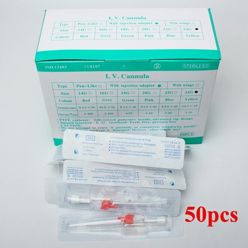 

50pcs IV cannula IV Catheter with Injection Valve Intravenous Catheter Injection Port Type 20G 22G 24G