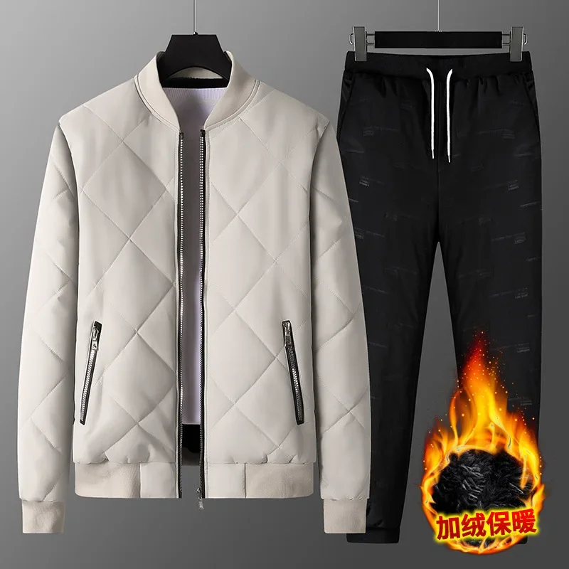 Winter Mens Tracksuit Suits Cotton Sweatshirt+Waterproof Down Jacket+Sweatpants Running Set 2024 Keep Warm Casual Clothes image 2