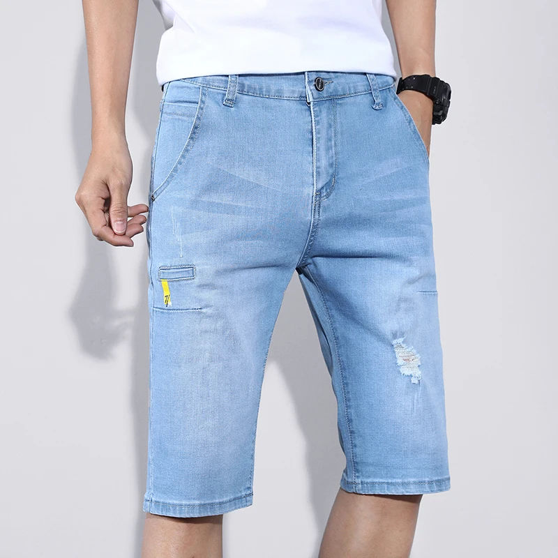 

Nice Summer Pop Men's Hole Patch Denim Shorts High-Quality Business Casual Stretch Straight-Leg Pants Male Classic Brand Jeans