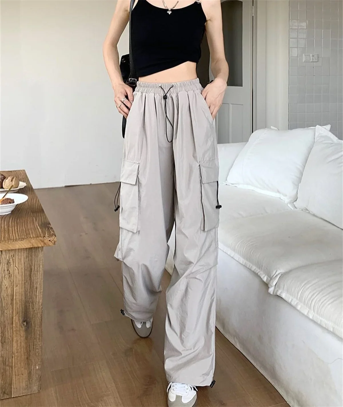 Vintage-Mode-Cargohose für Damen, einfarbig, mit elastischem Bund, Taschen, Jogginghose, weites Bein, Baggy-Schnitt, Y2K-Hose, Streetwear, amerikanische Kleidung. – Detail 19