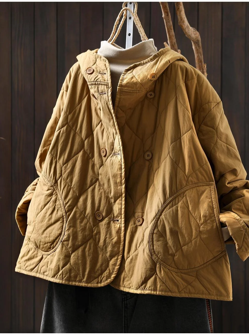 Buste 124 cm puur katoenen gewatteerde jas voor dames Japanse stijl herfst lente jas met capuchon en lange mouwen uitloper