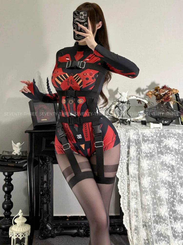 

Sexy Women's Mechanical Magic Guide Dark Mecha Mechanical Jumpsuit Red Cyber Print Halloween Role Play Tight Jumpsuit Clothing